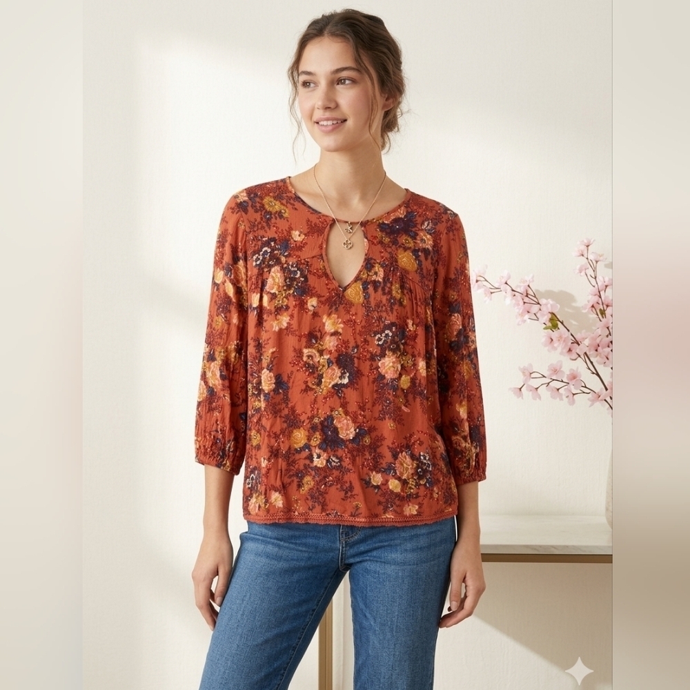 AE Floral 3/4 Sleeve Boho Blouse - Rust & Multicolor - Large - Picture 2 of 13